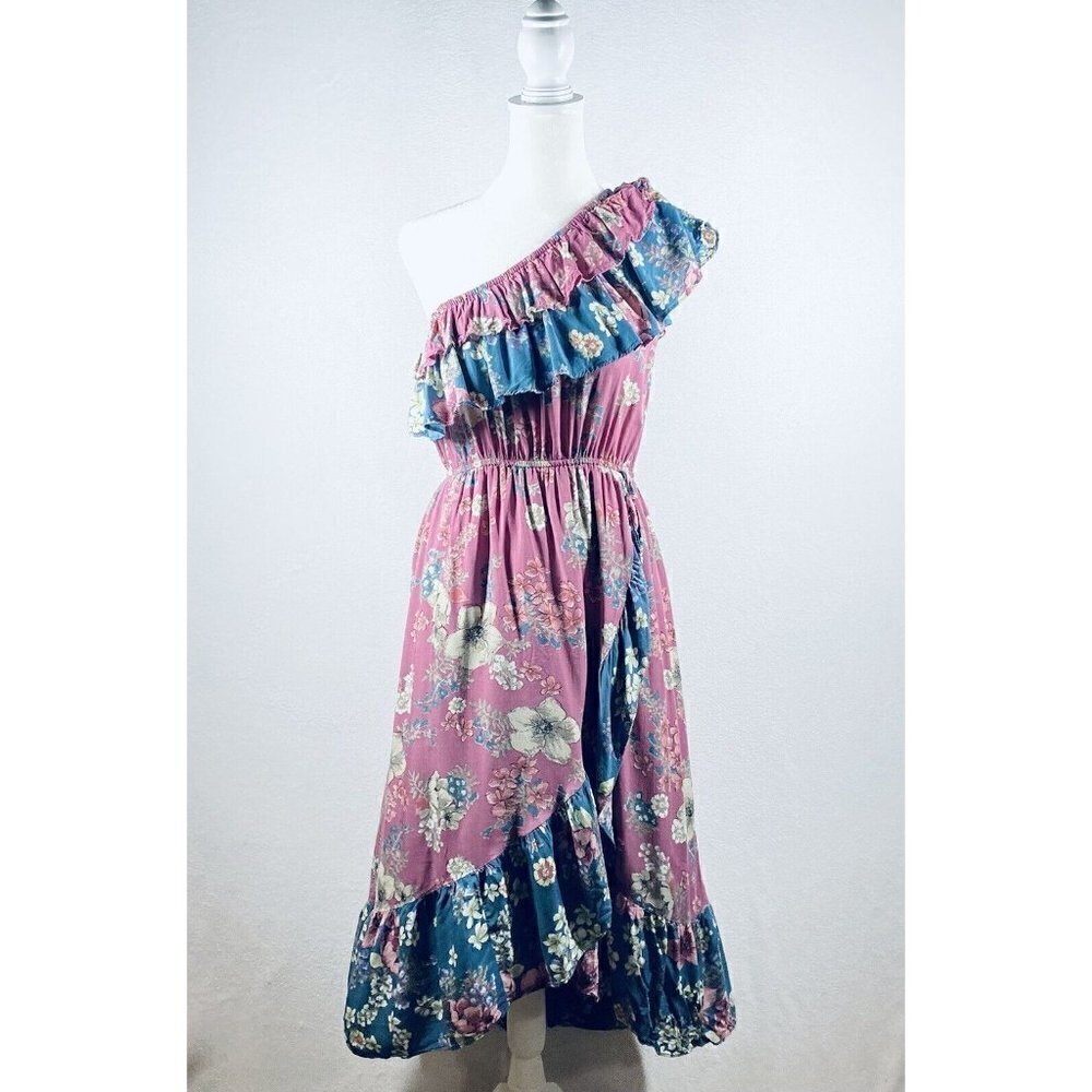 Entro Womens Small One Shoulder Ruffle Midi Dress Floral Print Elastic Waist